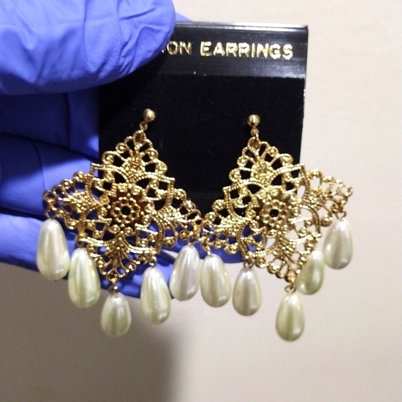 Women's Gold-tone Diamond Shape Filigree Design Beaded Drop Dangle Earrings, #4 - Picture 1 of 5